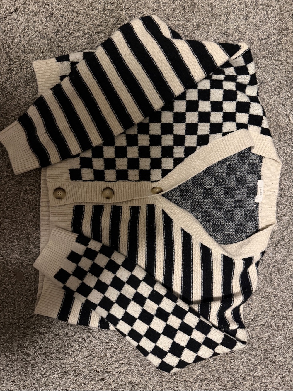 Women’s Black and Cream Checkerboard Button-Front Sweater - Picture 1 of 1